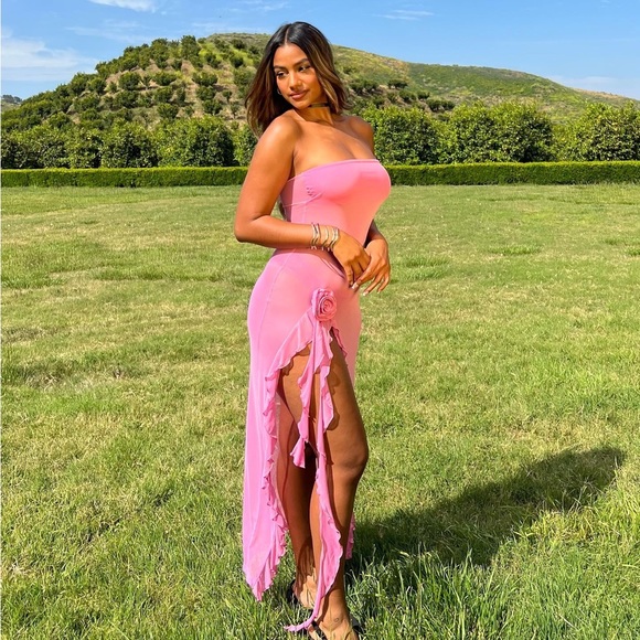 Edikted: Sheer Mesh Flower Pin Pink Strapless See-Through Suri Maxi Dress ๐ - Picture 14 of 16